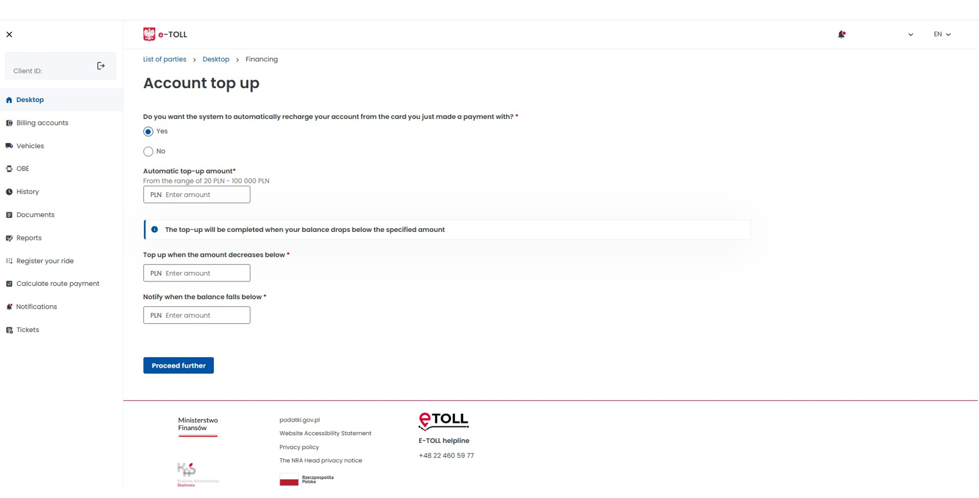 Screenshot from the Online Customer Account. On the left is the side menu with functions. On the right is the account top-up window, with fields for entering the top-up amount and the minimum balance required to trigger automatic top-ups.